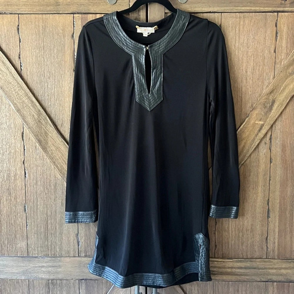 Tory Burch Caroline Faux Leather Trimmed Black Tunic Size Small - Picture 2 of 8